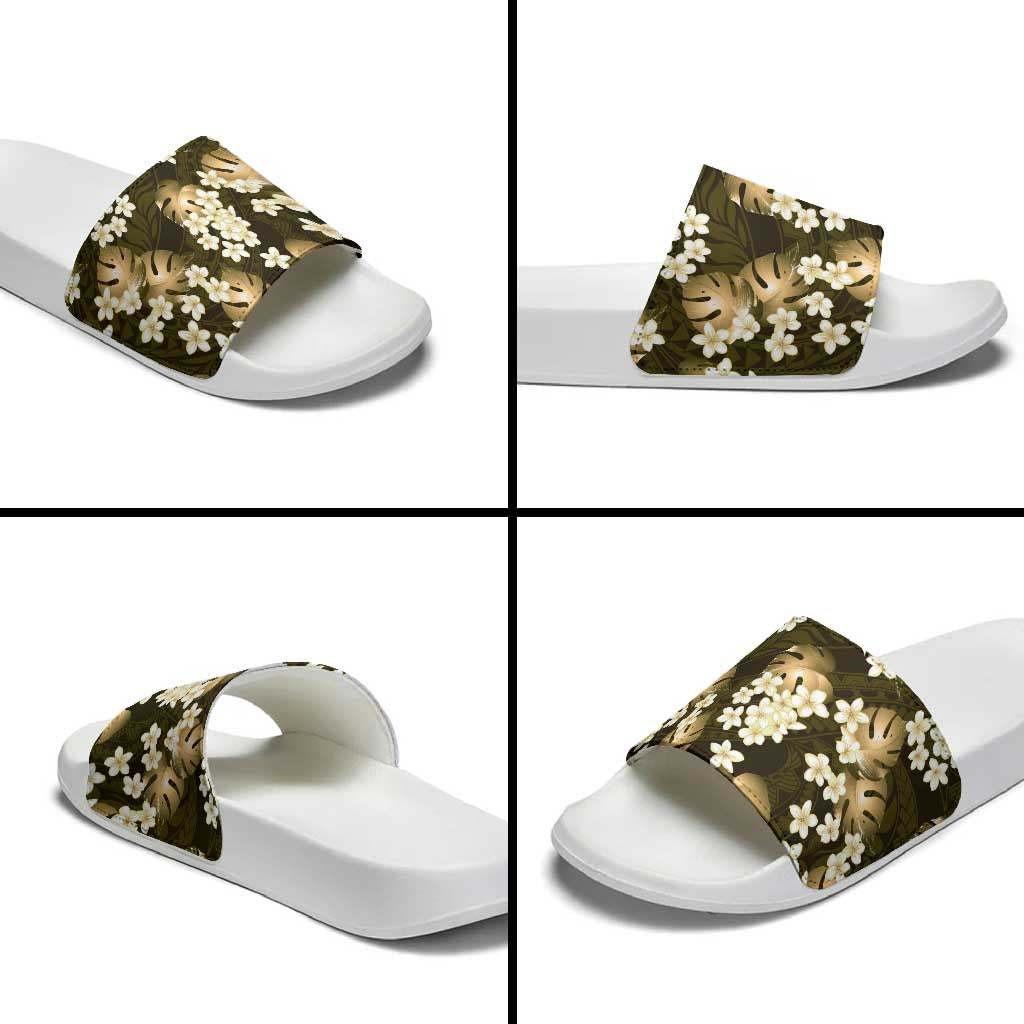 Gold Tropical Hawaii Slide Sandals Seamless Monstera Plumeria Hawaiian Pattern - Polynesian Pride