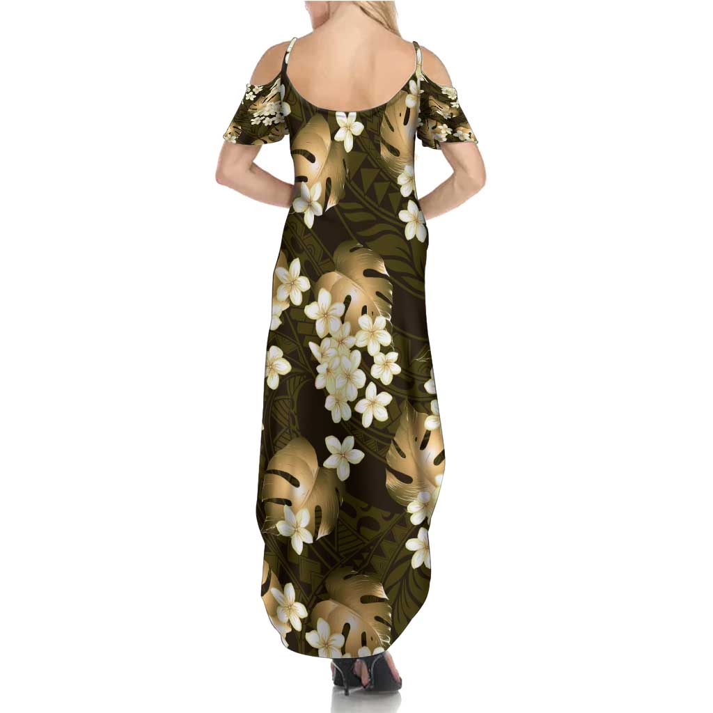 Gold Tropical Hawaii Summer Maxi Dress Seamless Monstera Plumeria Hawaiian Pattern - Polynesian Pride