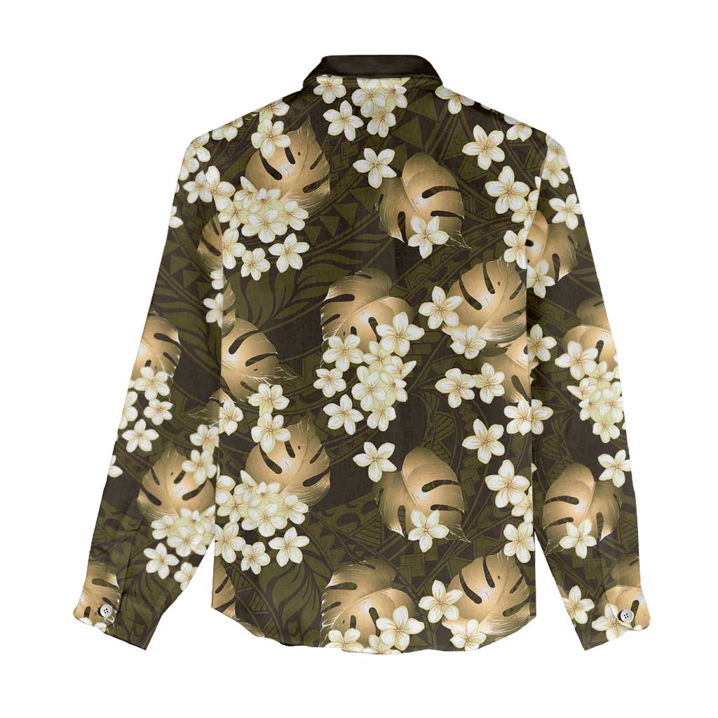 Gold Tropical Hawaii Women Casual Shirt Seamless Monstera Plumeria Hawaiian Pattern - Polynesian Pride