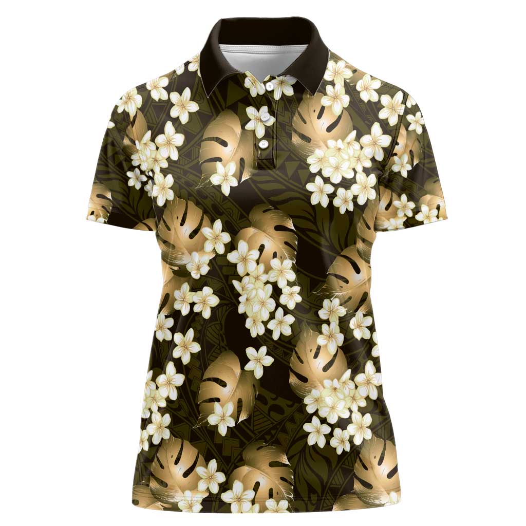 Gold Tropical Hawaii Women Polo Shirt Seamless Monstera Plumeria Hawaiian Pattern LT14 Female Gold - Polynesian Pride