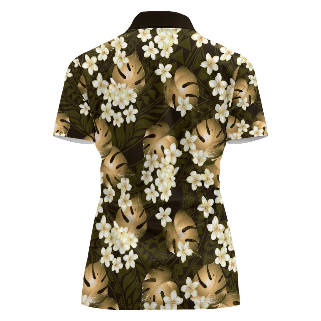 Gold Tropical Hawaii Women Polo Shirt Seamless Monstera Plumeria Hawaiian Pattern - Polynesian Pride