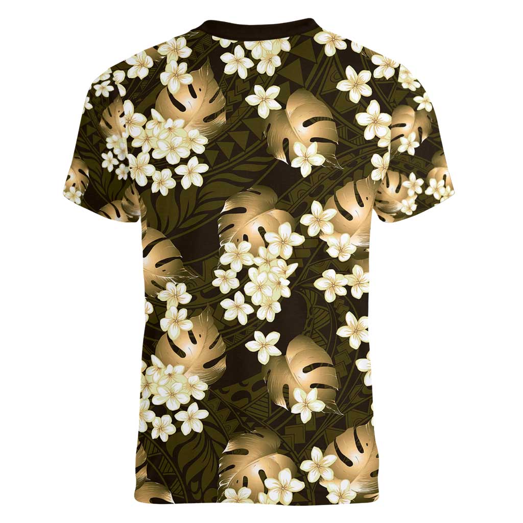 Gold Tropical Hawaii Women V-Neck T-Shirt Seamless Monstera Plumeria Hawaiian Pattern LT14 - Polynesian Pride