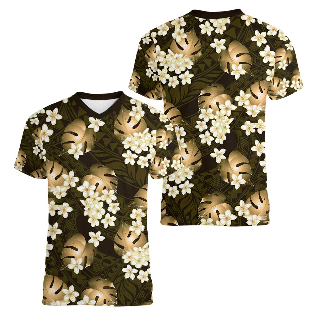 Gold Tropical Hawaii Women V-Neck T-Shirt Seamless Monstera Plumeria Hawaiian Pattern LT14 - Polynesian Pride