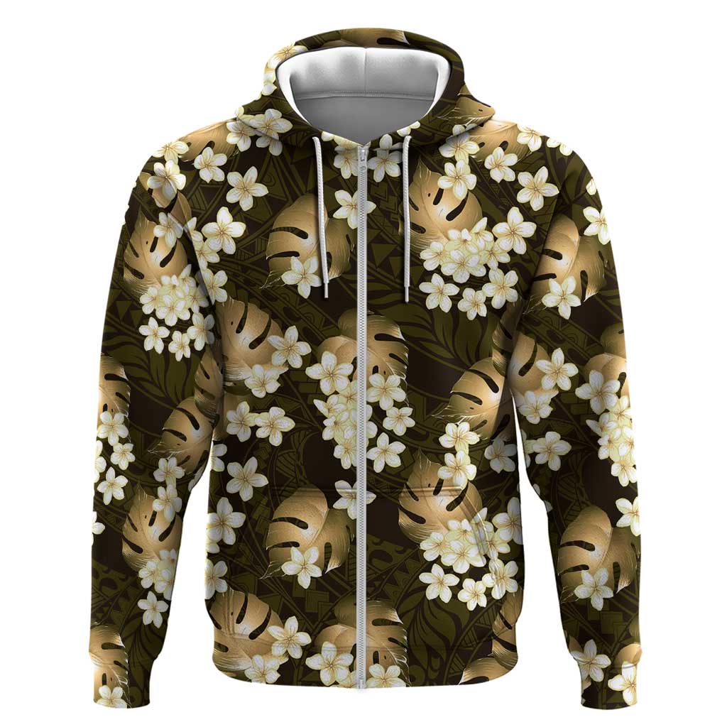 Gold Tropical Hawaii Zip Hoodie Seamless Monstera Plumeria Hawaiian Pattern - Polynesian Pride
