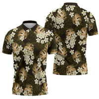 Gold Tropical Hawaii Zipper Polo Shirt Seamless Monstera Plumeria Hawaiian Pattern - Polynesian Pride