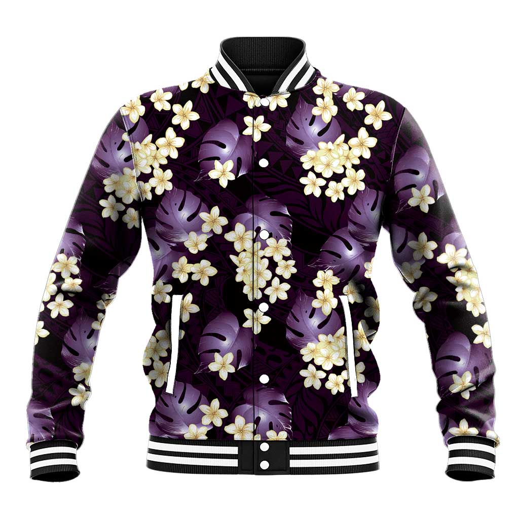 Purple Tropical Hawaii Baseball Jacket Seamless Monstera Plumeria Hawaiian Pattern - Polynesian Pride