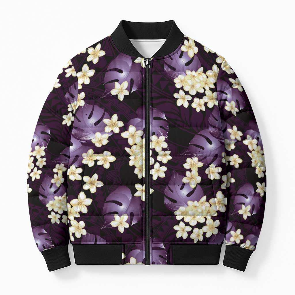 Purple Tropical Hawaii Bomber Puffer Jacket Seamless Monstera Plumeria Hawaiian Pattern - Polynesian Pride
