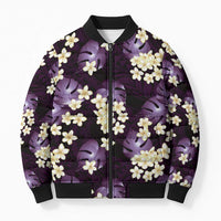 Purple Tropical Hawaii Bomber Puffer Jacket Seamless Monstera Plumeria Hawaiian Pattern - Polynesian Pride