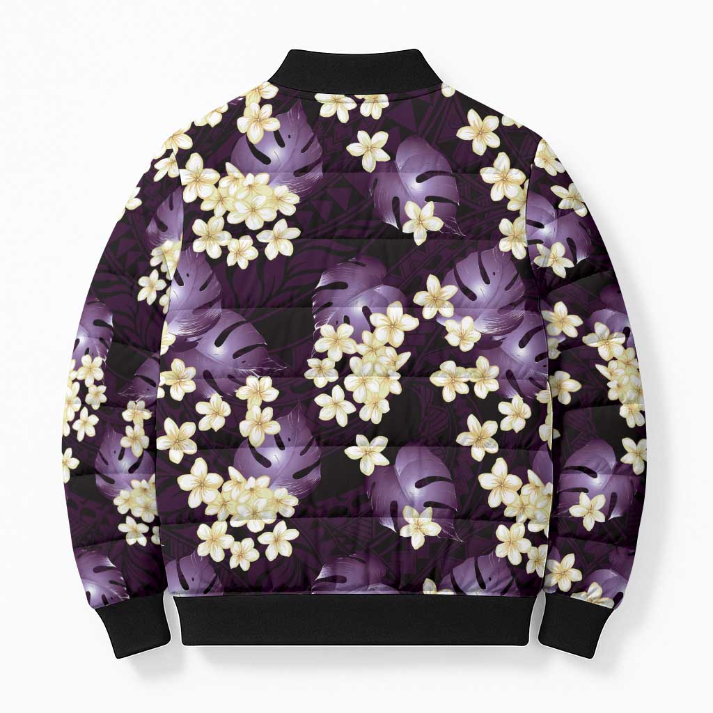 Purple Tropical Hawaii Bomber Puffer Jacket Seamless Monstera Plumeria Hawaiian Pattern - Polynesian Pride