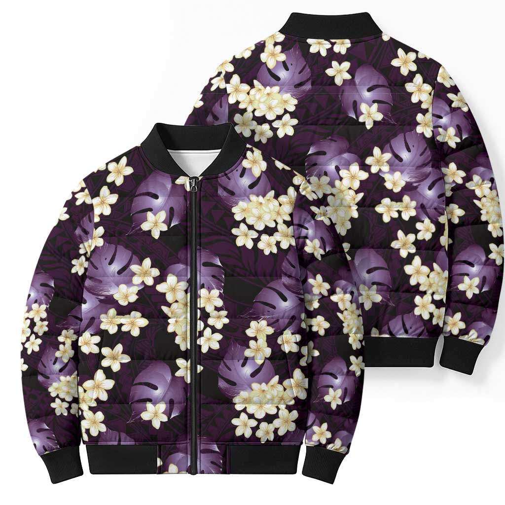Purple Tropical Hawaii Bomber Puffer Jacket Seamless Monstera Plumeria Hawaiian Pattern - Polynesian Pride