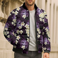 Purple Tropical Hawaii Bomber Puffer Jacket Seamless Monstera Plumeria Hawaiian Pattern - Polynesian Pride