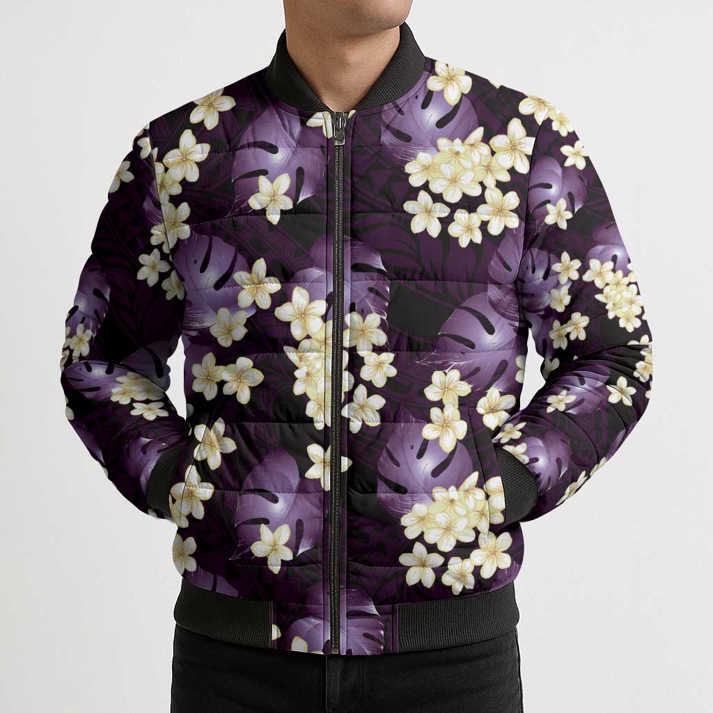 Purple Tropical Hawaii Bomber Puffer Jacket Seamless Monstera Plumeria Hawaiian Pattern - Polynesian Pride