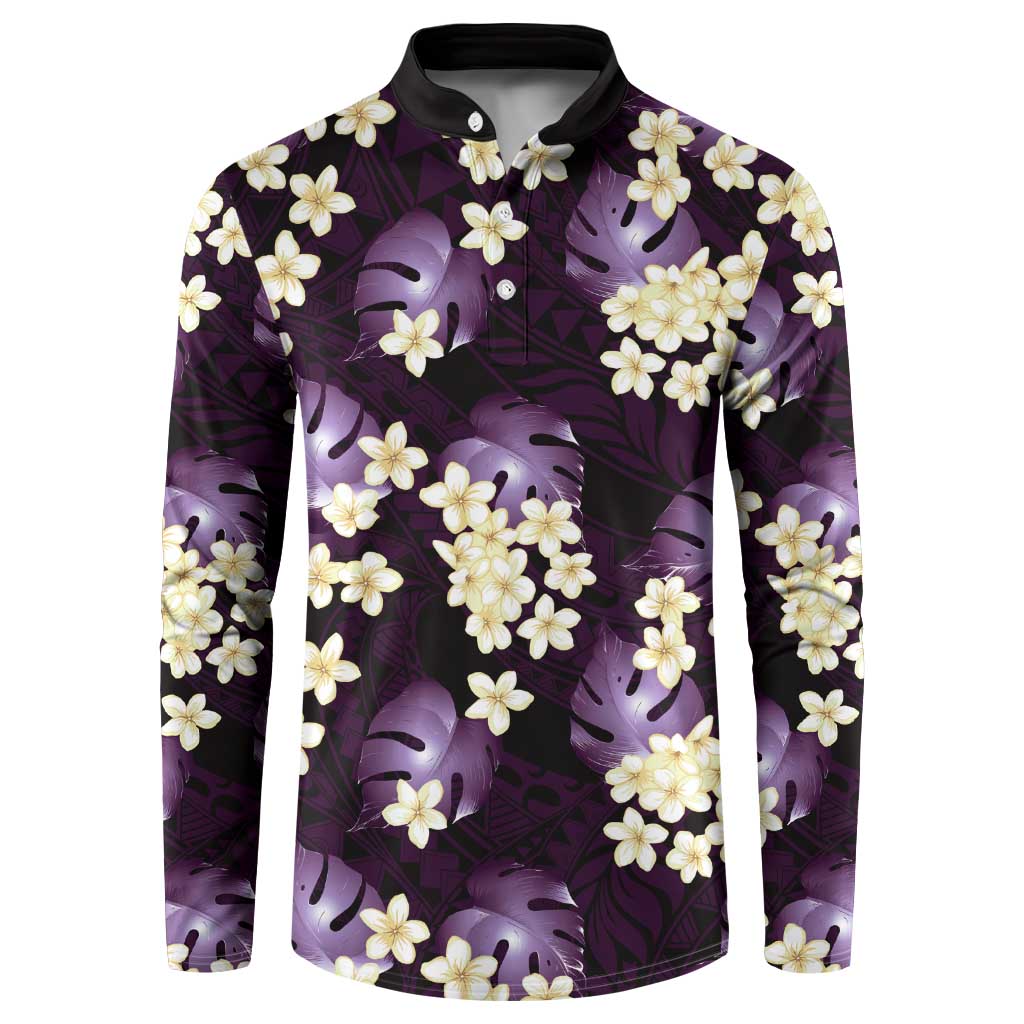 Purple Tropical Hawaii Button Sweatshirt Seamless Monstera Plumeria Hawaiian Pattern - Polynesian Pride