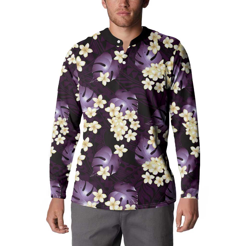 Purple Tropical Hawaii Button Sweatshirt Seamless Monstera Plumeria Hawaiian Pattern - Polynesian Pride