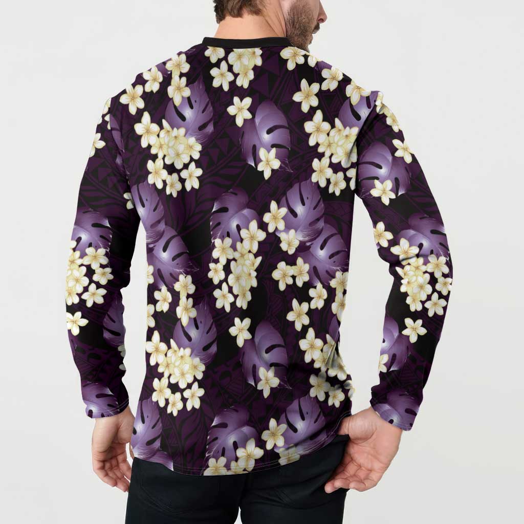 Purple Tropical Hawaii Button Sweatshirt Seamless Monstera Plumeria Hawaiian Pattern - Polynesian Pride