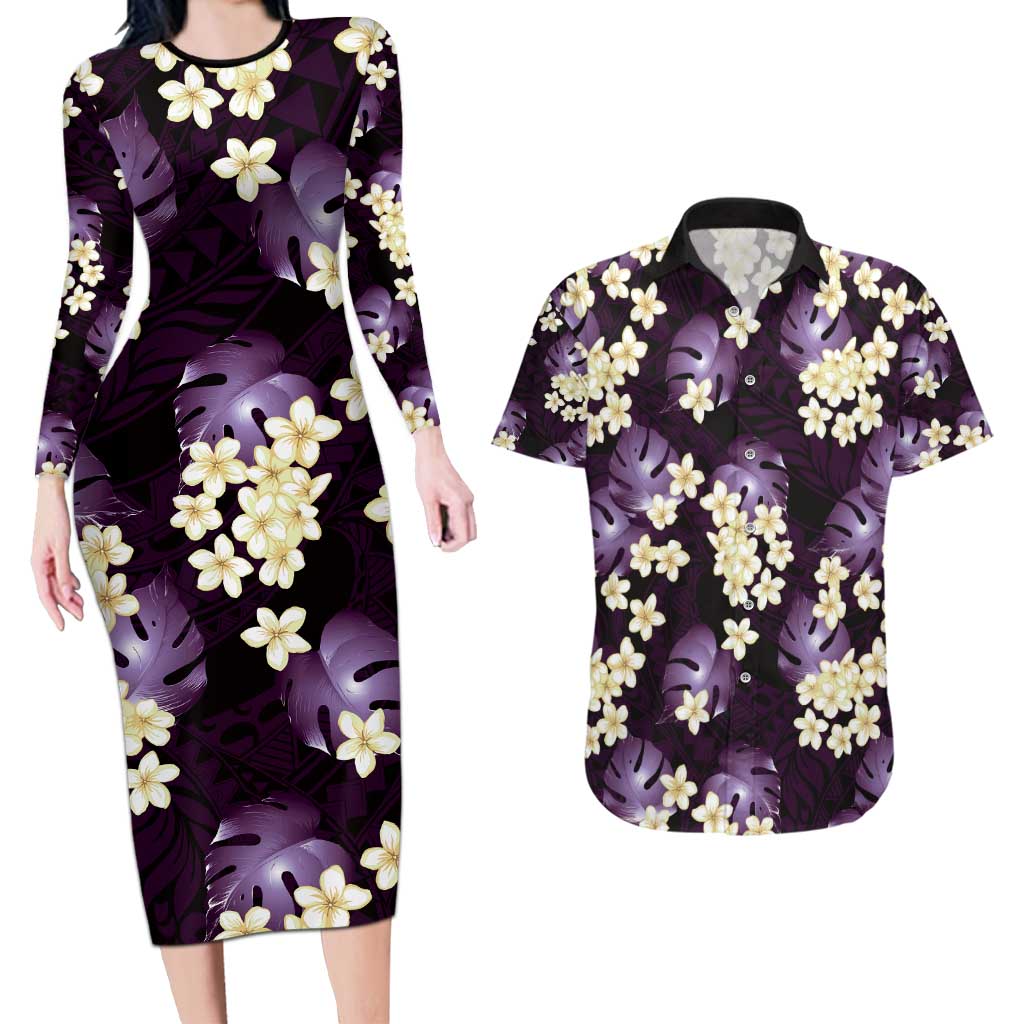 Purple Tropical Hawaii Couples Matching Long Sleeve Bodycon Dress and Hawaiian Shirt Seamless Monstera Plumeria Hawaiian Pattern LT14 Purple - Polynesian Pride