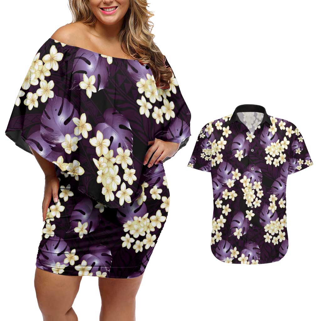Purple Tropical Hawaii Couples Matching Off Shoulder Short Dress and Hawaiian Shirt Seamless Monstera Plumeria Hawaiian Pattern LT14 Purple - Polynesian Pride