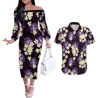 Purple Tropical Hawaii Couples Matching Off The Shoulder Long Sleeve Dress and Hawaiian Shirt Seamless Monstera Plumeria Hawaiian Pattern LT14 Purple - Polynesian Pride