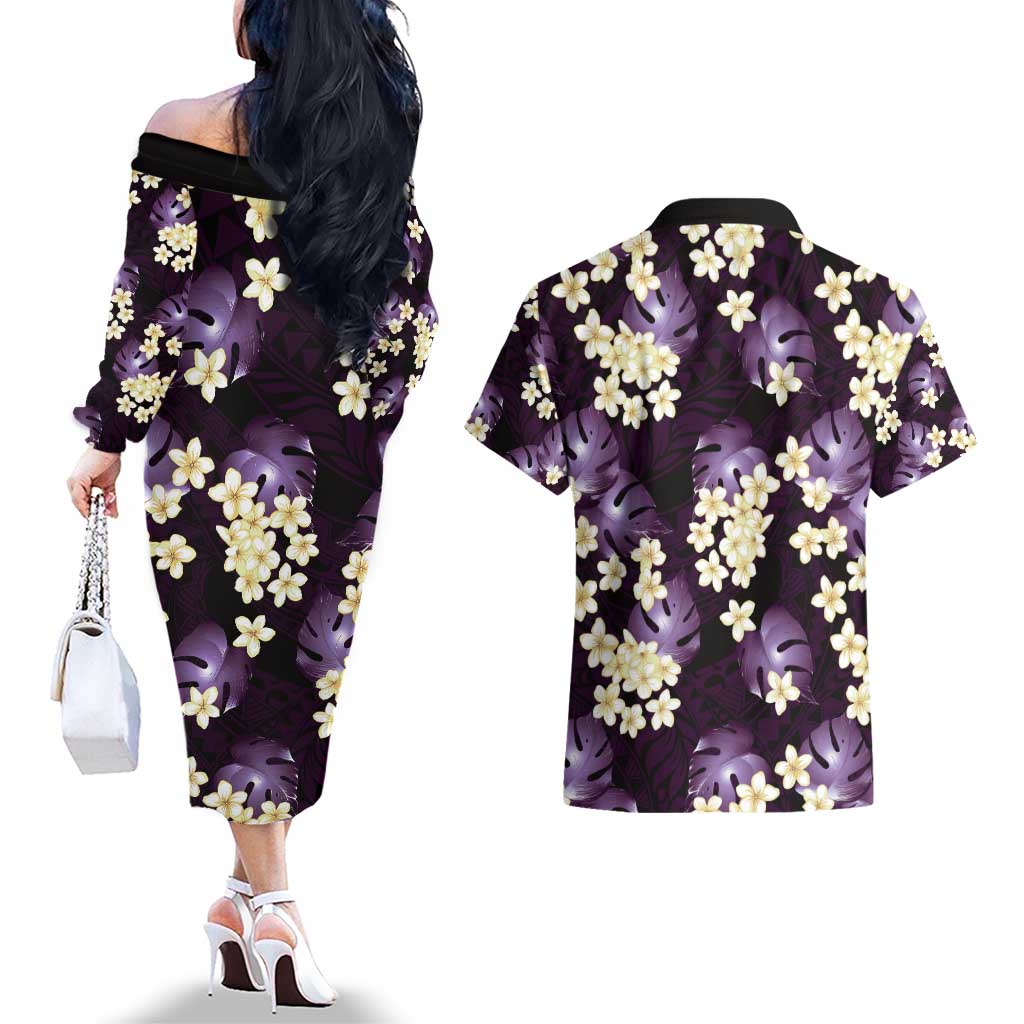 Purple Tropical Hawaii Couples Matching Off The Shoulder Long Sleeve Dress and Hawaiian Shirt Seamless Monstera Plumeria Hawaiian Pattern LT14 - Polynesian Pride