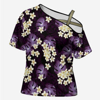 Purple Tropical Hawaii Cross Shoulder Shirt Seamless Monstera Plumeria Hawaiian Pattern - Polynesian Pride