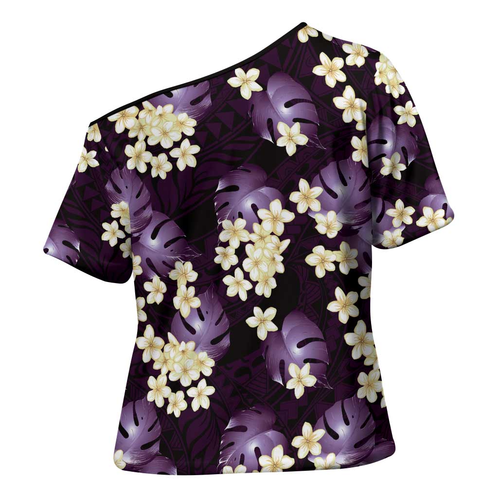Purple Tropical Hawaii Cross Shoulder Shirt Seamless Monstera Plumeria Hawaiian Pattern - Polynesian Pride