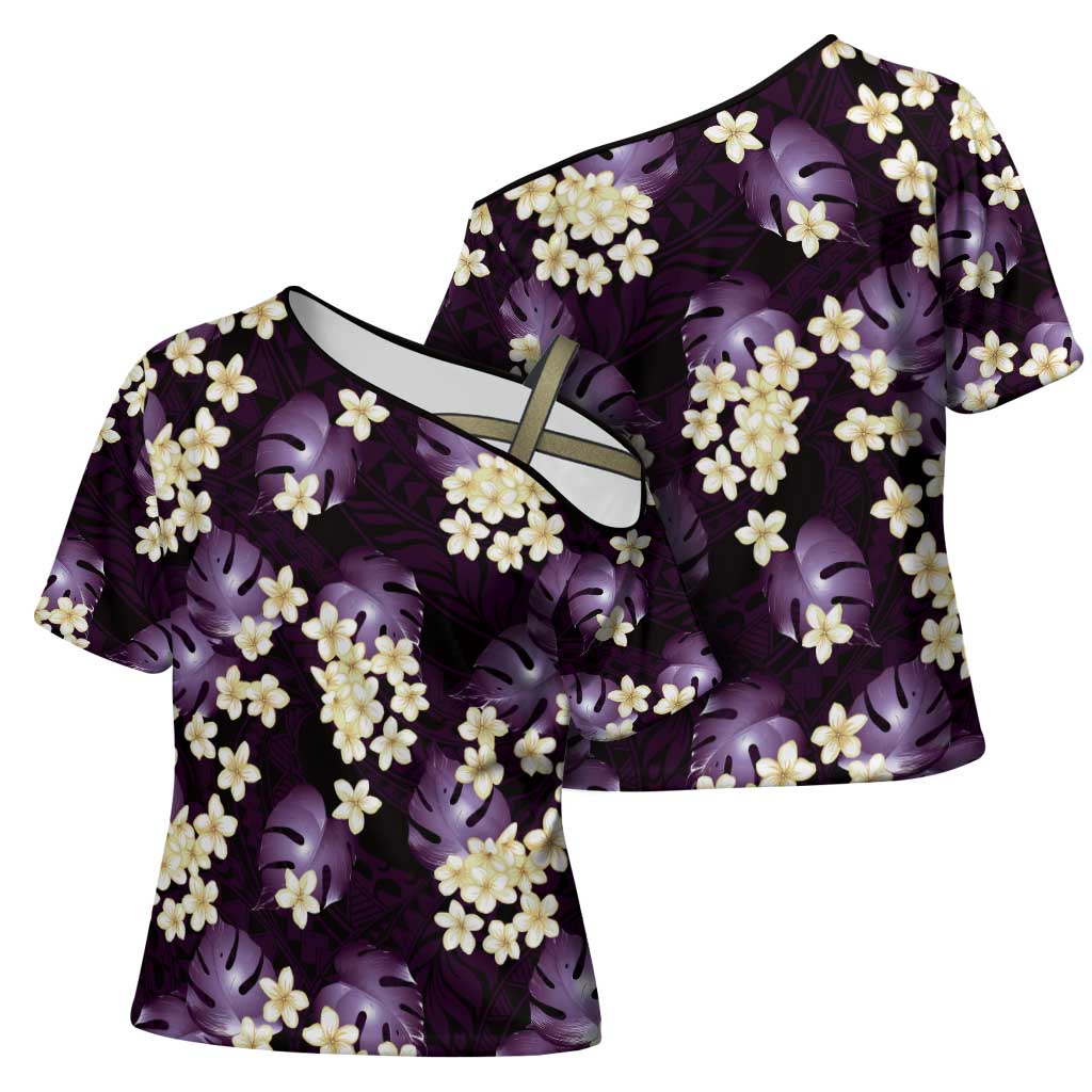 Purple Tropical Hawaii Cross Shoulder Shirt Seamless Monstera Plumeria Hawaiian Pattern - Polynesian Pride