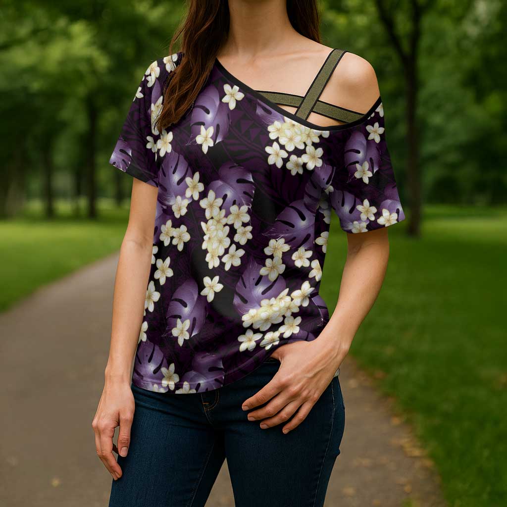 Purple Tropical Hawaii Cross Shoulder Shirt Seamless Monstera Plumeria Hawaiian Pattern - Polynesian Pride