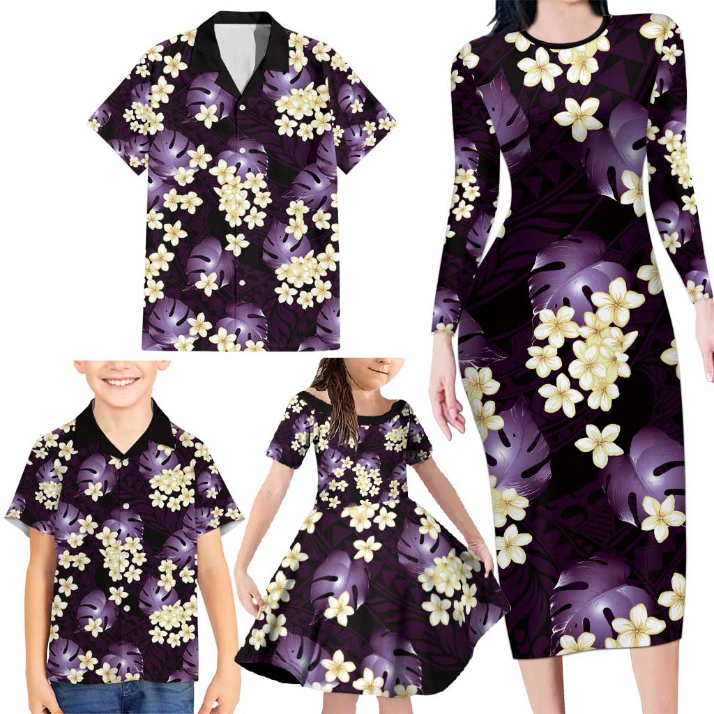 Purple Tropical Hawaii Family Matching Long Sleeve Bodycon Dress and Hawaiian Shirt Seamless Monstera Plumeria Hawaiian Pattern LT14 - Polynesian Pride