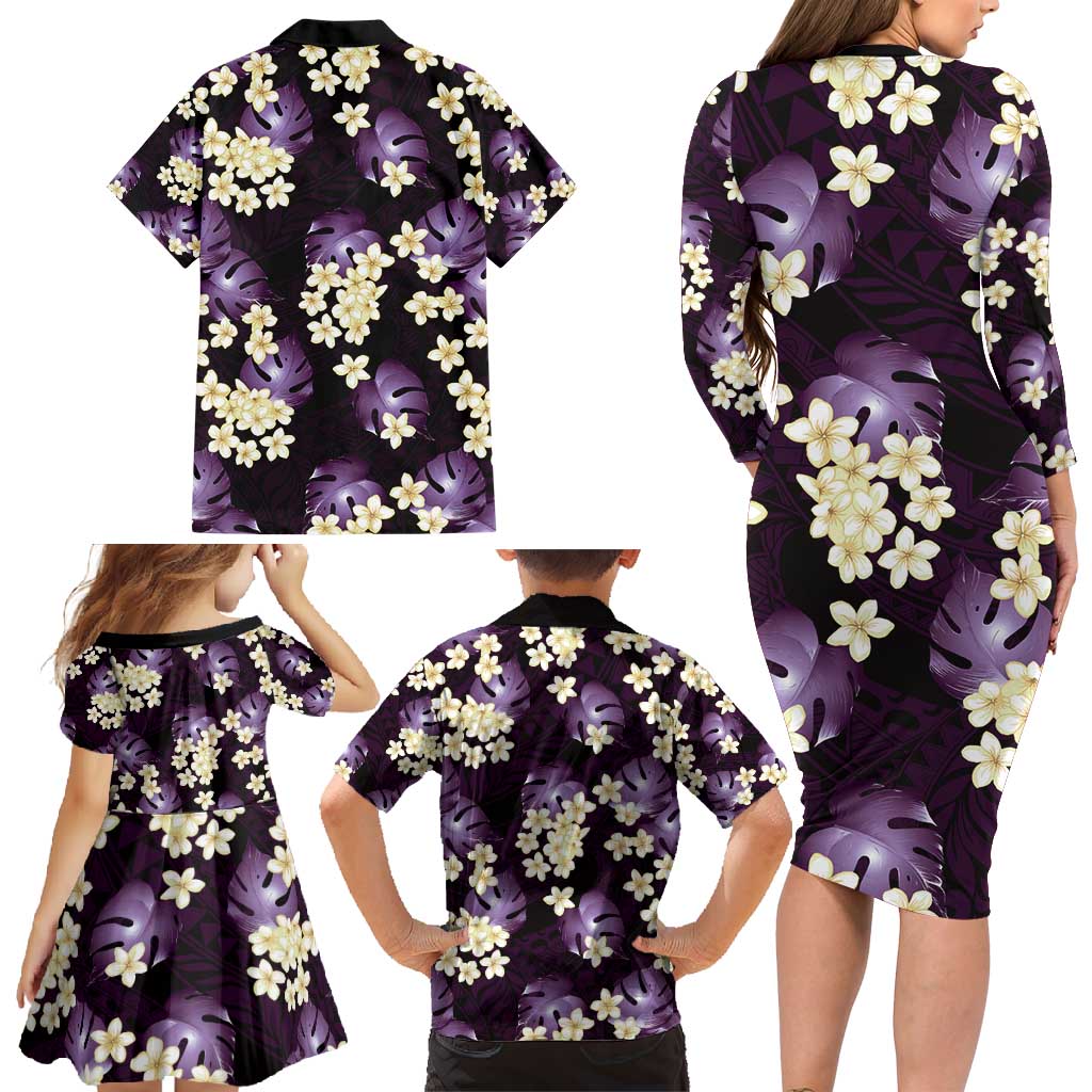 Purple Tropical Hawaii Family Matching Long Sleeve Bodycon Dress and Hawaiian Shirt Seamless Monstera Plumeria Hawaiian Pattern LT14 - Polynesian Pride