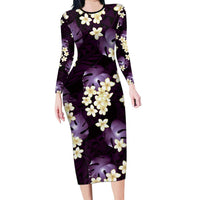 Purple Tropical Hawaii Family Matching Long Sleeve Bodycon Dress and Hawaiian Shirt Seamless Monstera Plumeria Hawaiian Pattern LT14 Mom's Dress Purple - Polynesian Pride