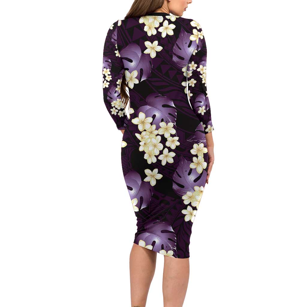Purple Tropical Hawaii Family Matching Long Sleeve Bodycon Dress and Hawaiian Shirt Seamless Monstera Plumeria Hawaiian Pattern LT14 - Polynesian Pride