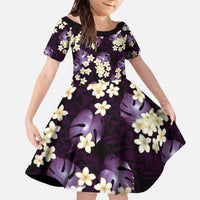 Purple Tropical Hawaii Family Matching Off The Shoulder Long Sleeve Dress and Hawaiian Shirt Seamless Monstera Plumeria Hawaiian Pattern LT14 Daughter's Dress Purple - Polynesian Pride
