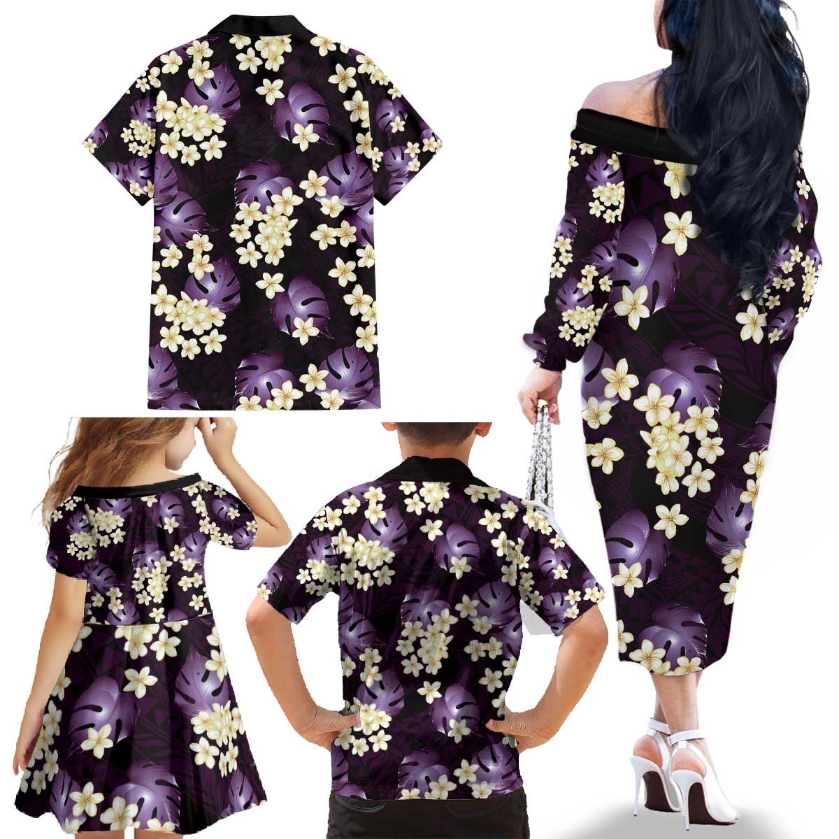 Purple Tropical Hawaii Family Matching Off The Shoulder Long Sleeve Dress and Hawaiian Shirt Seamless Monstera Plumeria Hawaiian Pattern LT14 - Polynesian Pride