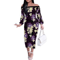 Purple Tropical Hawaii Family Matching Off The Shoulder Long Sleeve Dress and Hawaiian Shirt Seamless Monstera Plumeria Hawaiian Pattern LT14 Mom's Dress Purple - Polynesian Pride