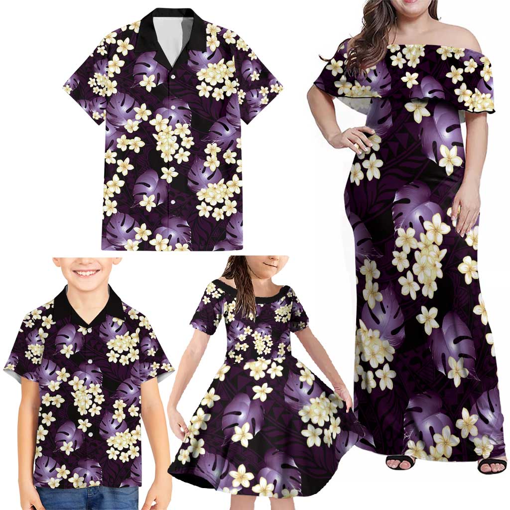 Purple Tropical Hawaii Family Matching Off Shoulder Maxi Dress and Hawaiian Shirt Seamless Monstera Plumeria Hawaiian Pattern LT14 - Polynesian Pride