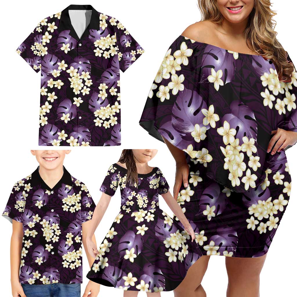 Purple Tropical Hawaii Family Matching Off Shoulder Short Dress and Hawaiian Shirt Seamless Monstera Plumeria Hawaiian Pattern LT14 - Polynesian Pride
