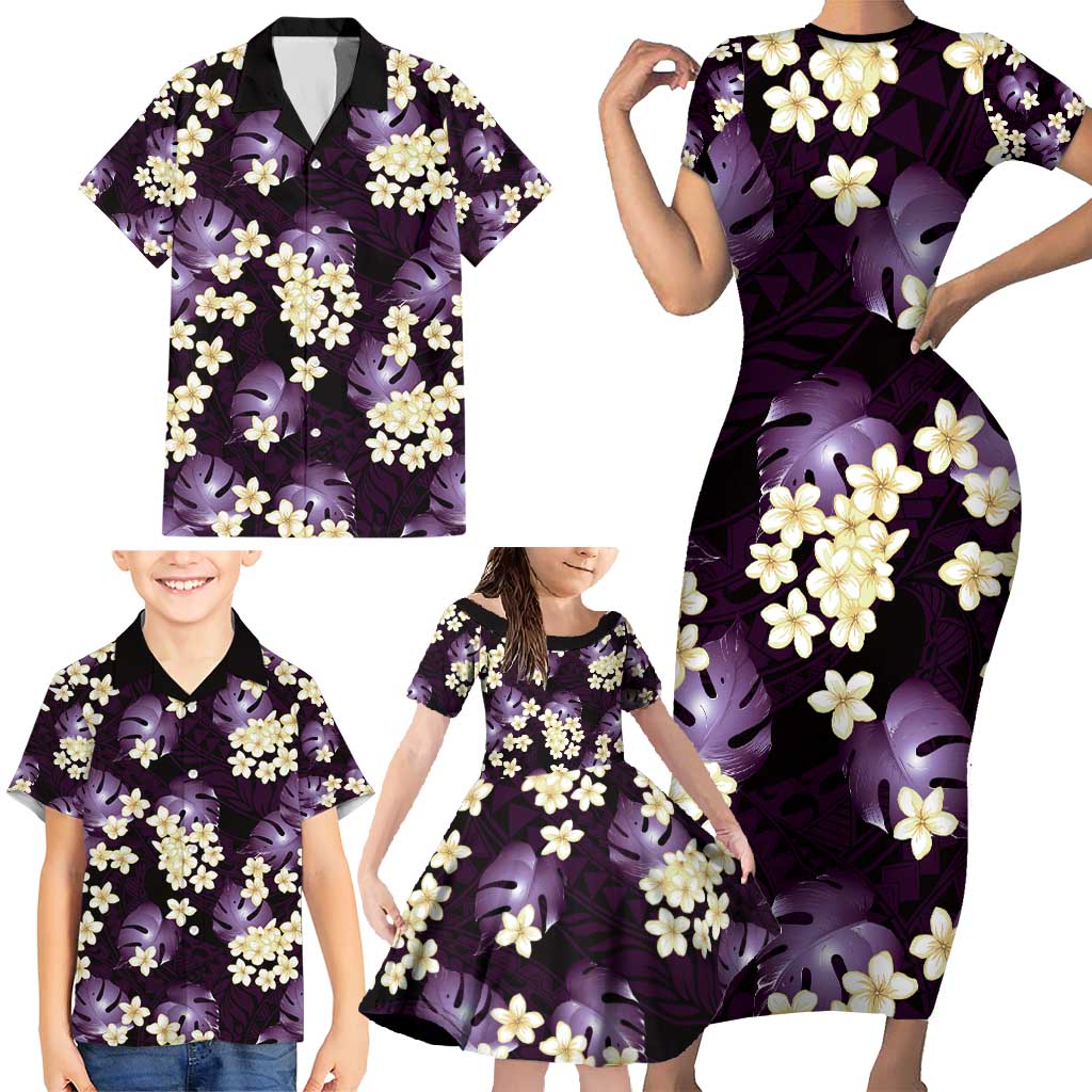 Purple Tropical Hawaii Family Matching Short Sleeve Bodycon Dress and Hawaiian Shirt Seamless Monstera Plumeria Hawaiian Pattern LT14 - Polynesian Pride