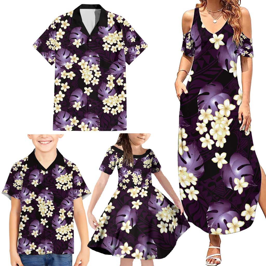 Purple Tropical Hawaii Family Matching Summer Maxi Dress and Hawaiian Shirt Seamless Monstera Plumeria Hawaiian Pattern LT14 - Polynesian Pride