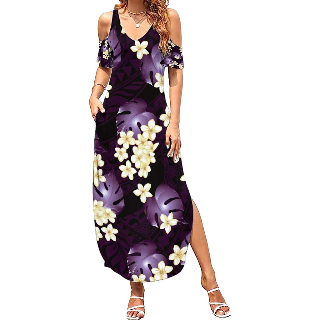 Purple Tropical Hawaii Family Matching Summer Maxi Dress and Hawaiian Shirt Seamless Monstera Plumeria Hawaiian Pattern LT14 Mom's Dress Purple - Polynesian Pride