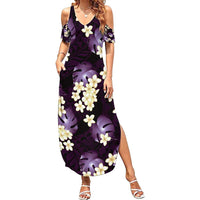 Purple Tropical Hawaii Family Matching Summer Maxi Dress and Hawaiian Shirt Seamless Monstera Plumeria Hawaiian Pattern LT14 Mom's Dress Purple - Polynesian Pride