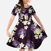 Purple Tropical Hawaii Kid Short Sleeve Dress Seamless Monstera Plumeria Hawaiian Pattern - Polynesian Pride