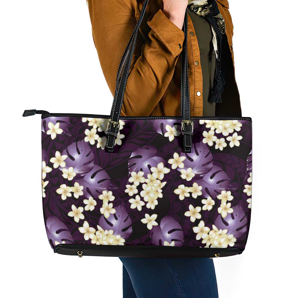 Purple Tropical Hawaii Leather Tote Bag Seamless Monstera Plumeria Hawaiian Pattern LT14 - Polynesian Pride