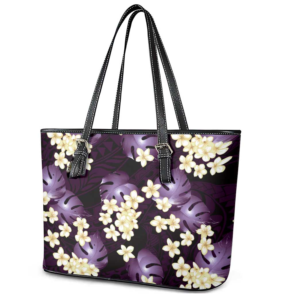 Purple Tropical Hawaii Leather Tote Bag Seamless Monstera Plumeria Hawaiian Pattern LT14 - Polynesian Pride