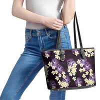 Purple Tropical Hawaii Leather Tote Bag Seamless Monstera Plumeria Hawaiian Pattern LT14 - Polynesian Pride