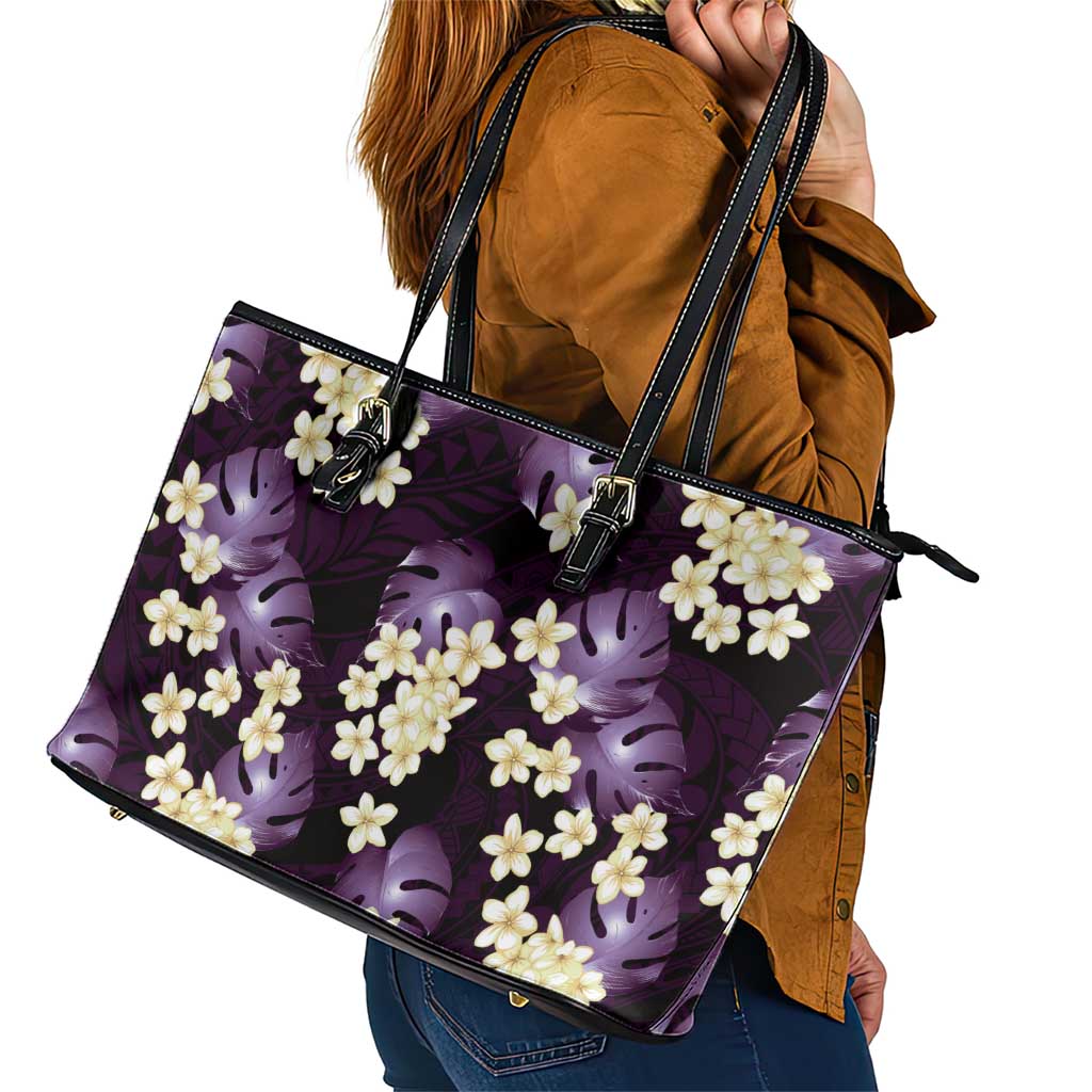 Purple Tropical Hawaii Leather Tote Bag Seamless Monstera Plumeria Hawaiian Pattern LT14 - Polynesian Pride