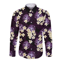Purple Tropical Hawaii Long Sleeve Button Shirt Seamless Monstera Plumeria Hawaiian Pattern - Polynesian Pride