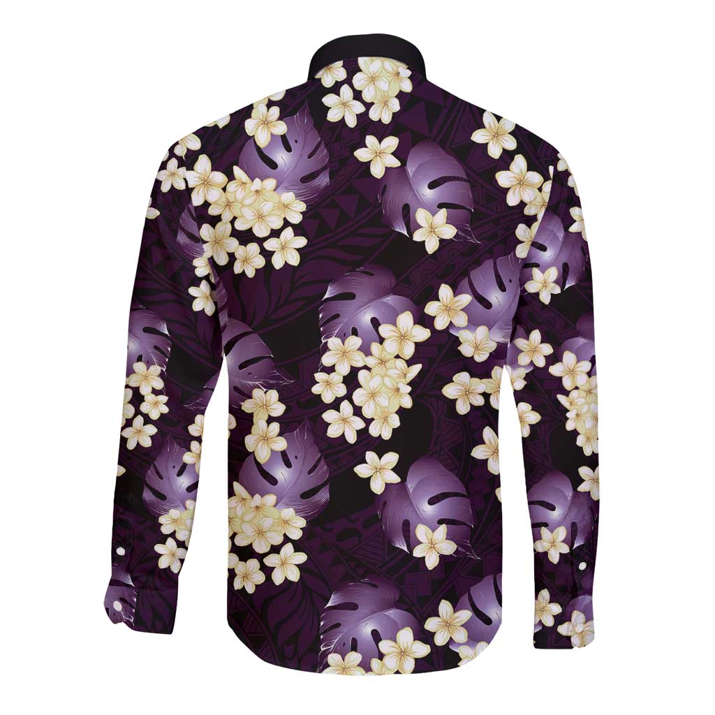 Purple Tropical Hawaii Long Sleeve Button Shirt Seamless Monstera Plumeria Hawaiian Pattern - Polynesian Pride