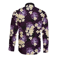 Purple Tropical Hawaii Long Sleeve Button Shirt Seamless Monstera Plumeria Hawaiian Pattern - Polynesian Pride