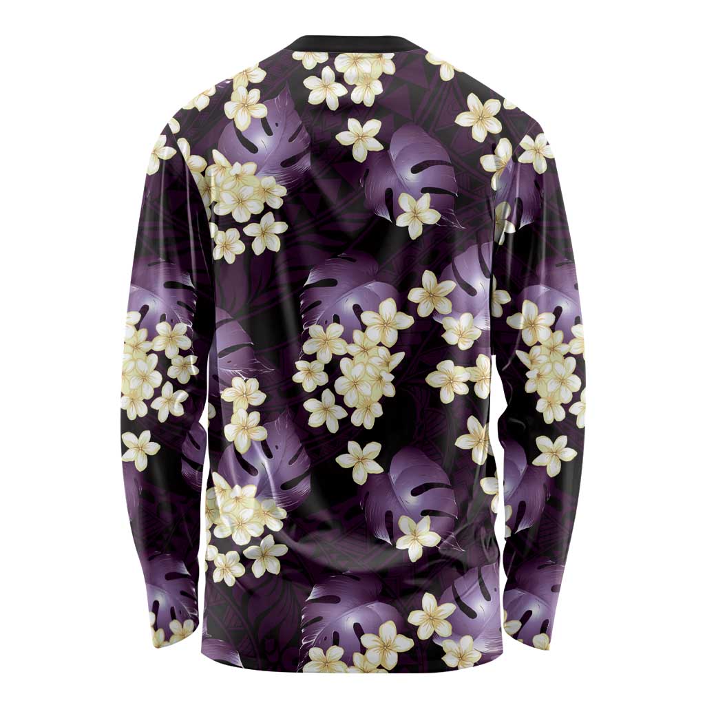 Purple Tropical Hawaii Long Sleeve Shirt Seamless Monstera Plumeria Hawaiian Pattern - Polynesian Pride