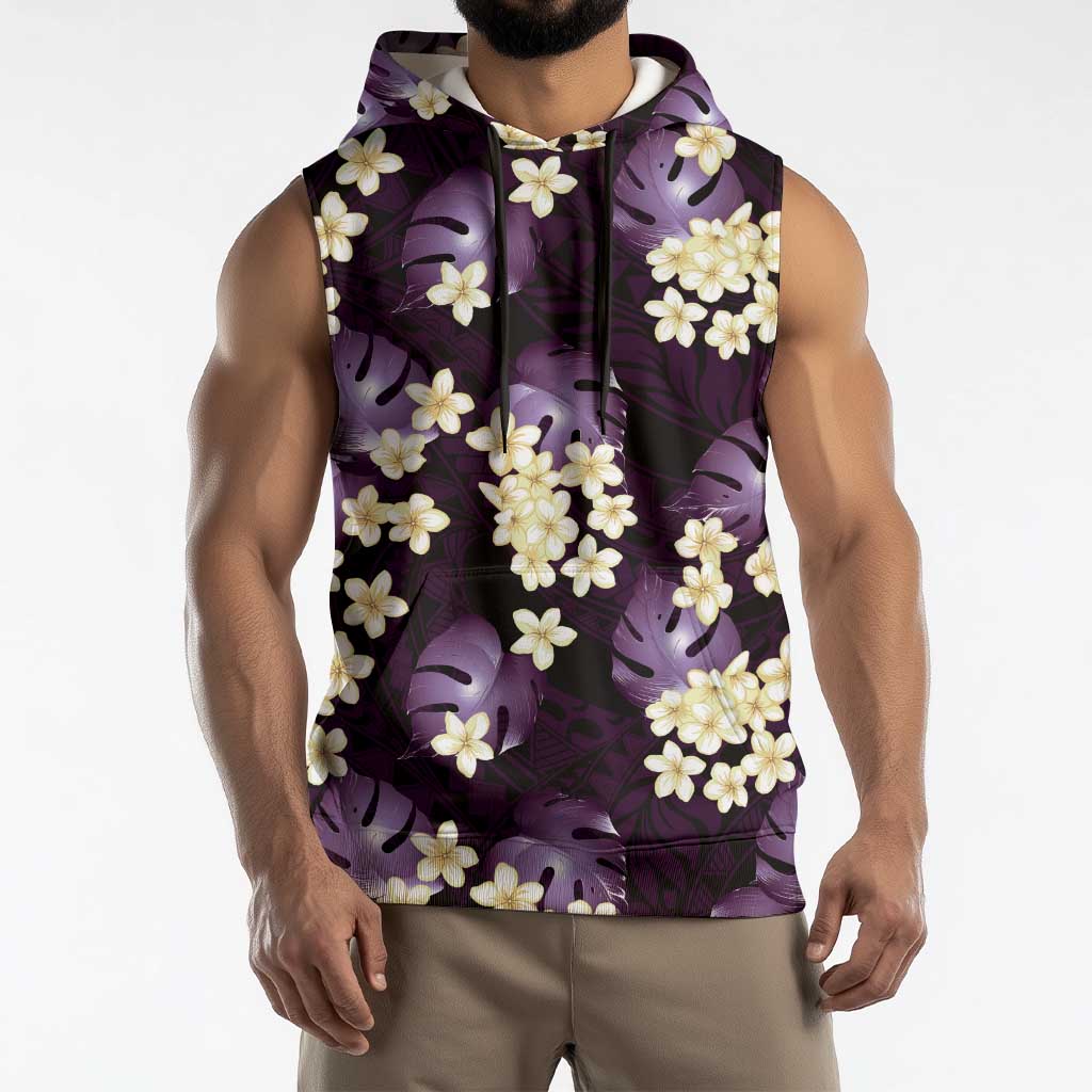 Purple Tropical Hawaii Sleeveless Hoodie Seamless Monstera Plumeria Hawaiian Pattern - Polynesian Pride